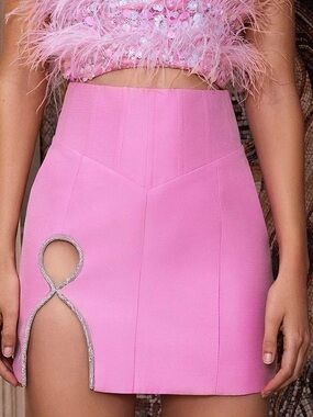 High-Waist Pink Mini Skirt with Rhinestone Loop Accent